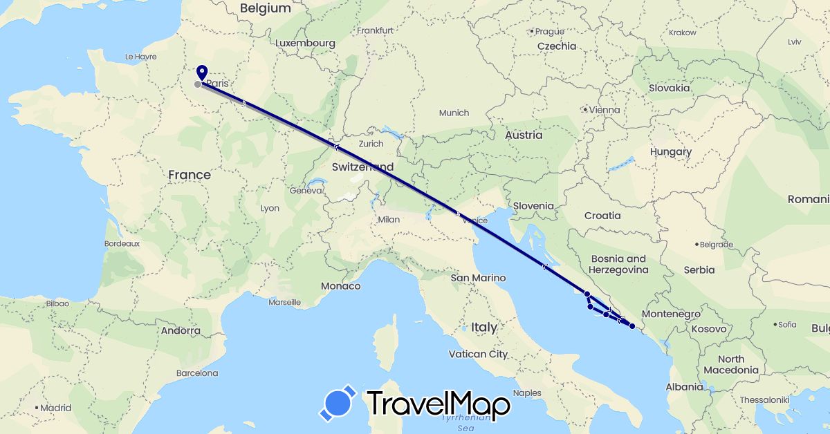 TravelMap itinerary: driving, plane in France, Croatia (Europe)